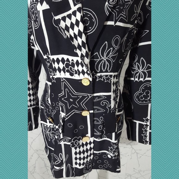 UXL Vintage Black & White Abstract Art Stars Floral Printed Fitted Long Blazer - Picture 2 of 4
